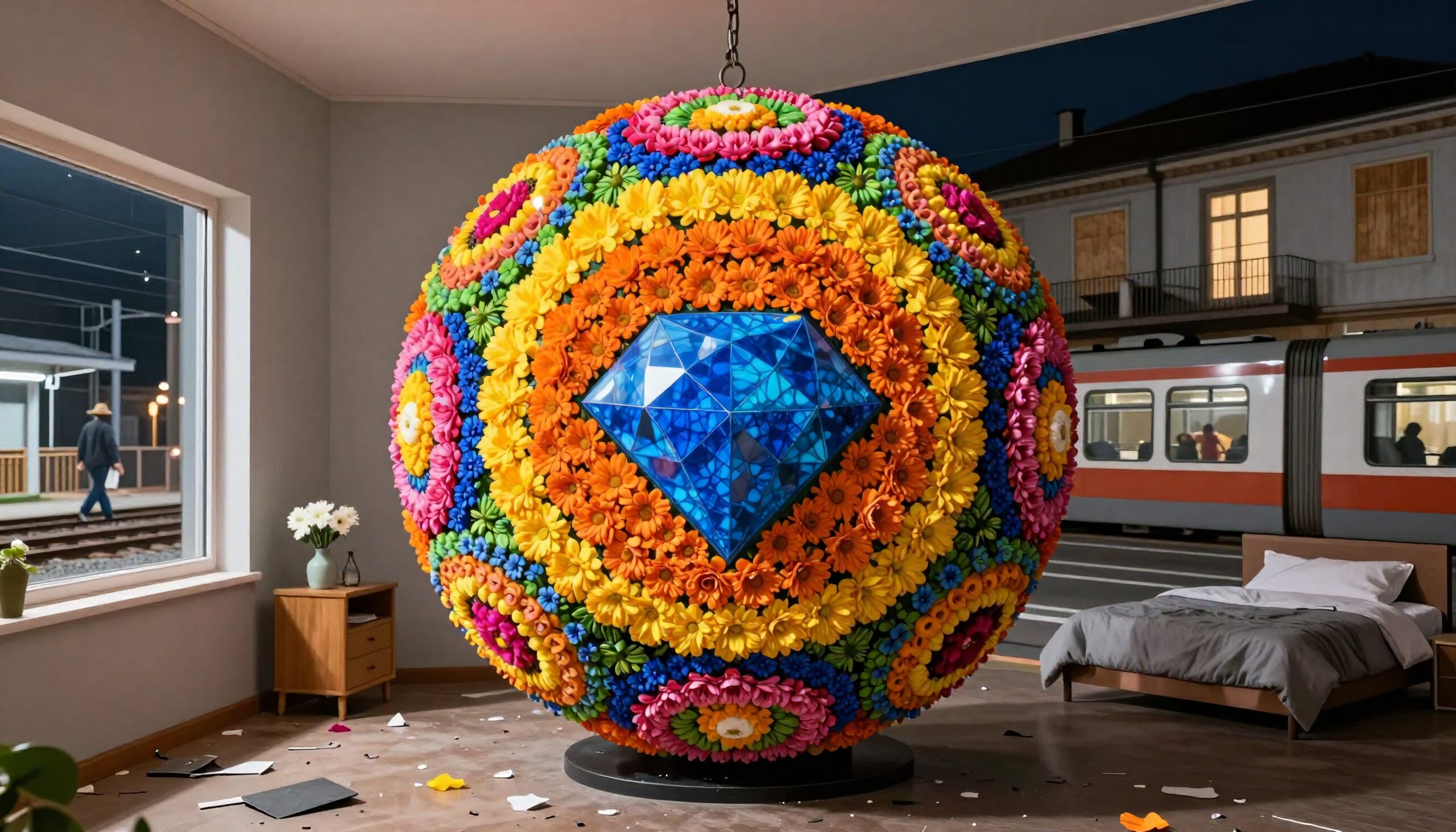 Floral Sphere with Blue Crystal