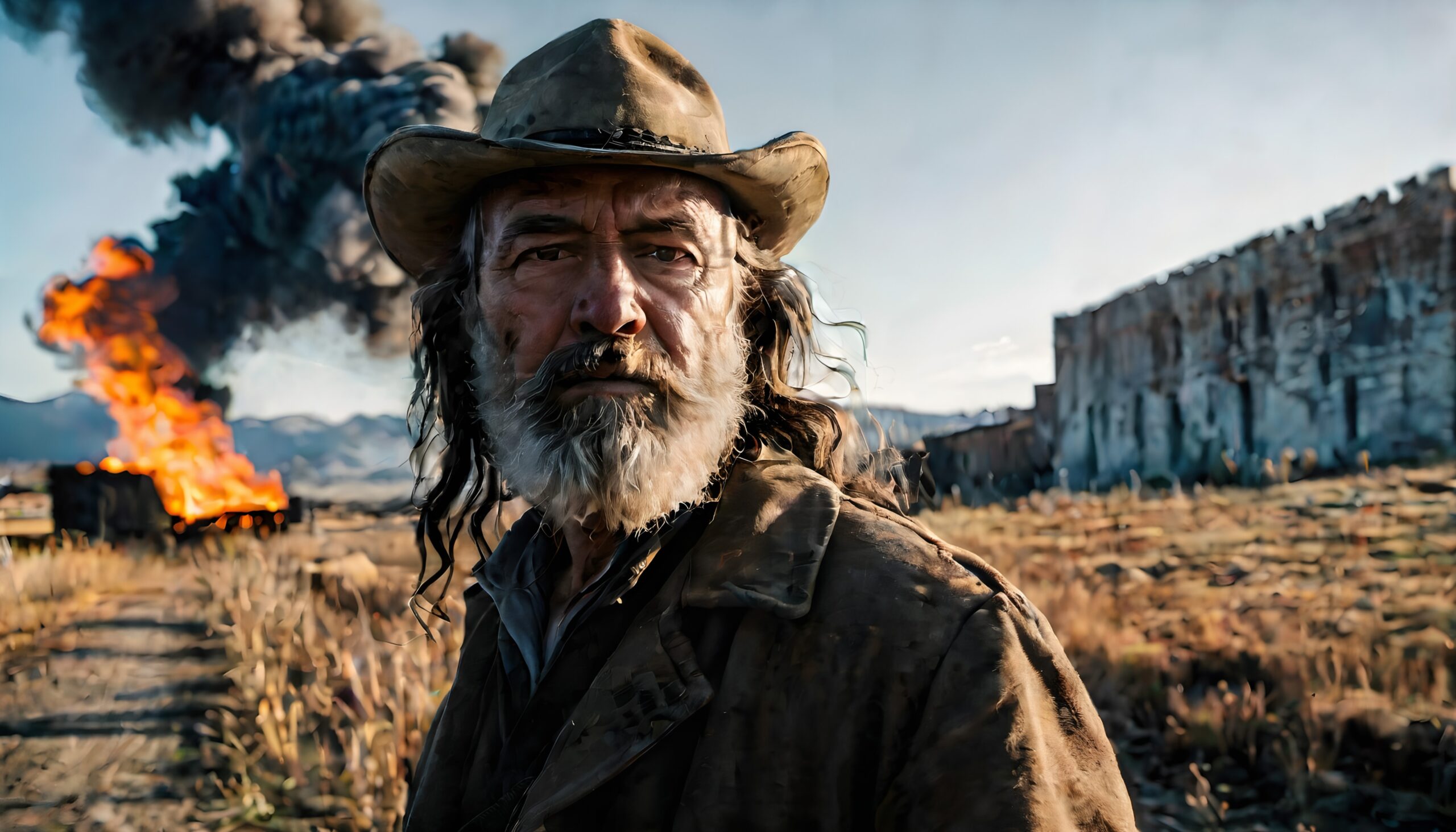 Rugged Man in Fiery Landscape