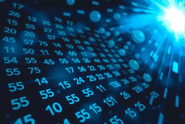 Blue digital tunnel filled with floating numbers and glowing particles representing advanced tech and data analysis concepts