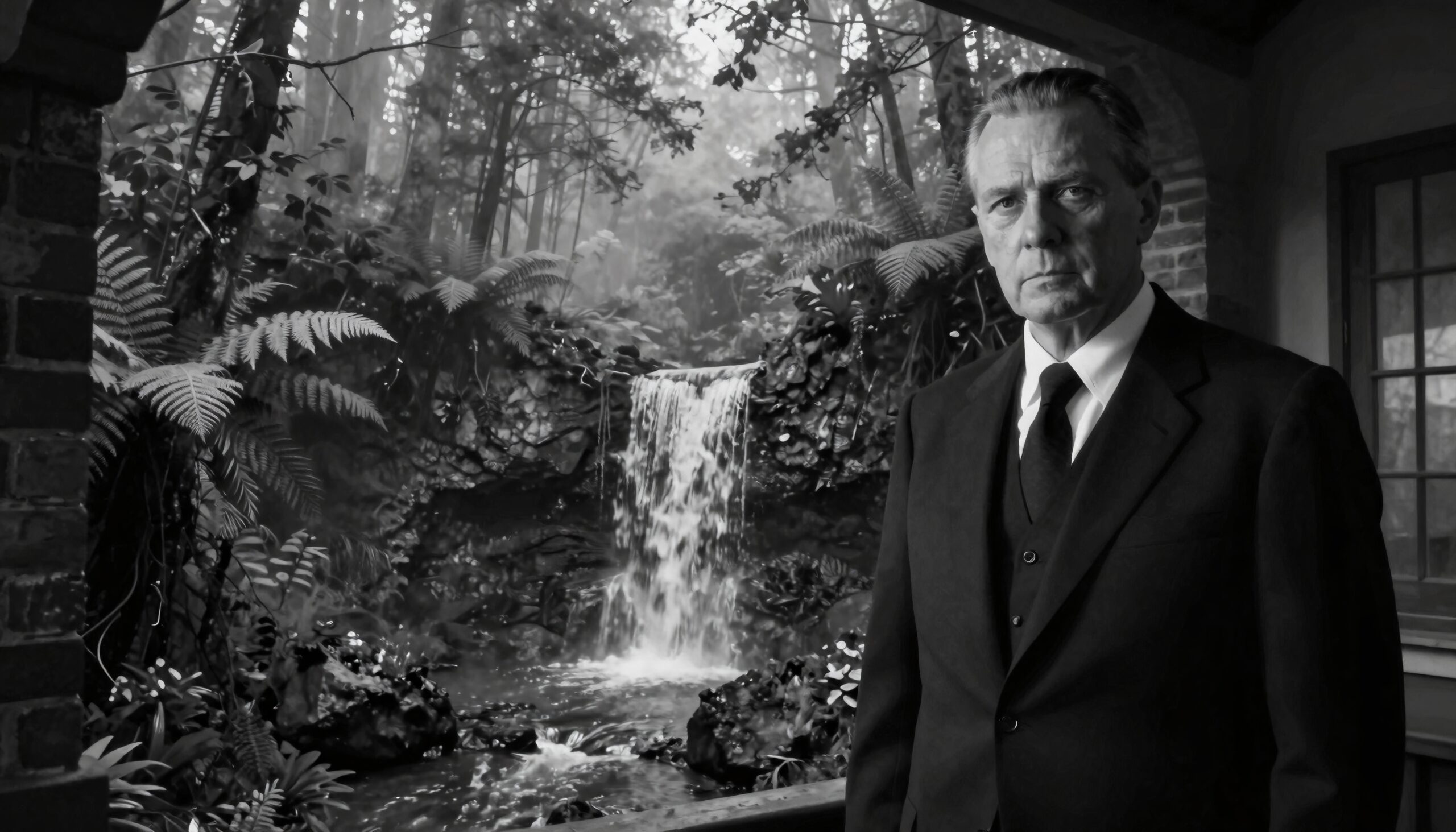 Man in Forested Waterfall Scene