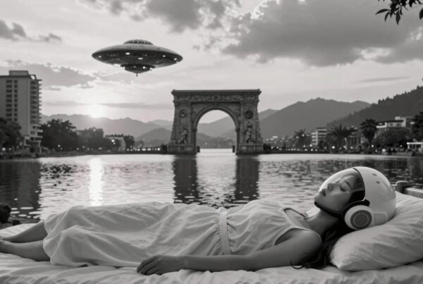A woman sleeps beside water under a UFO.
