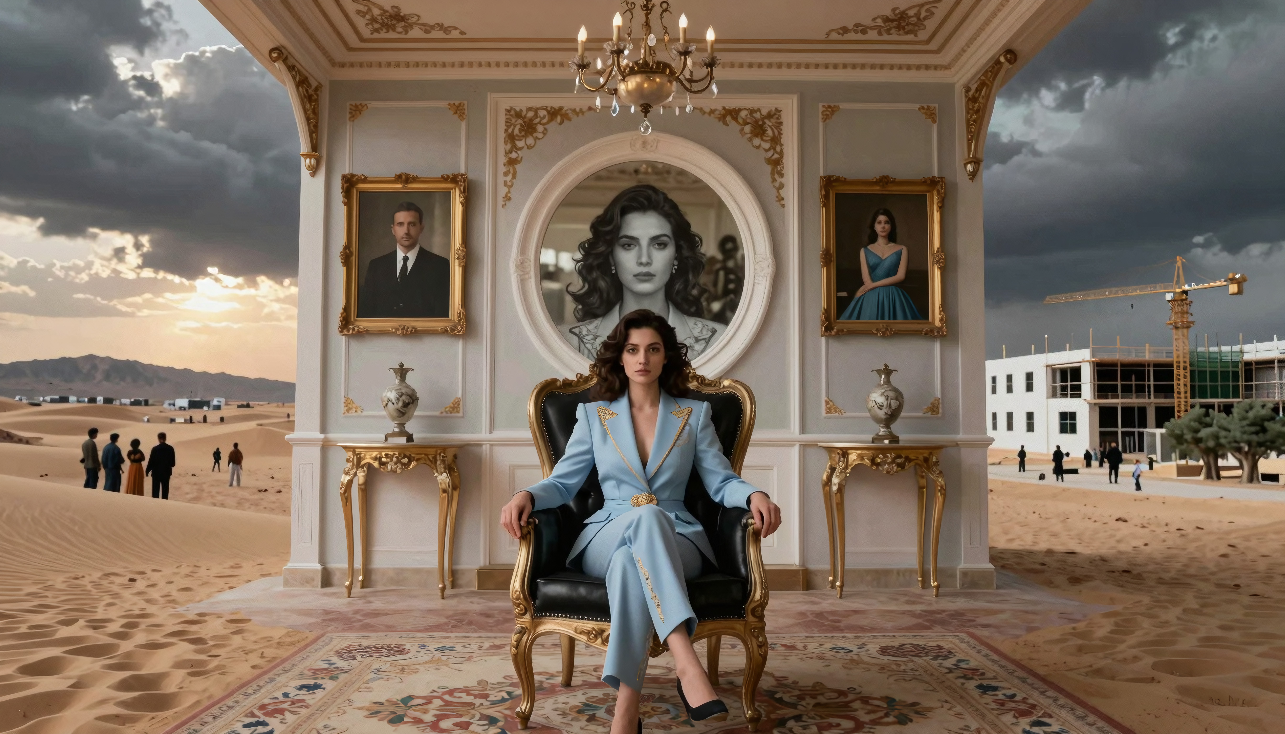Businesswoman in Opulent Room with Desert Construction