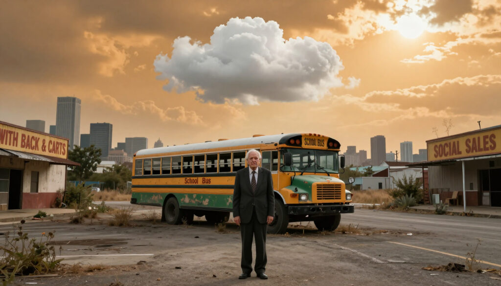 Man in Suit Standing Before Vintage School Bus with Cityscape at
