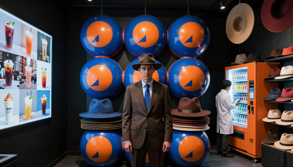 Man in Tailored Suit with Hats and Blue-Orange Spheres in Modern