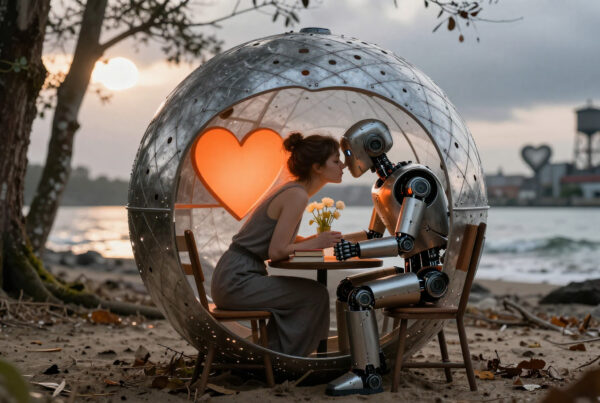 Woman sharing quiet moment with robot on beach at sunset surrounded by trees and sea