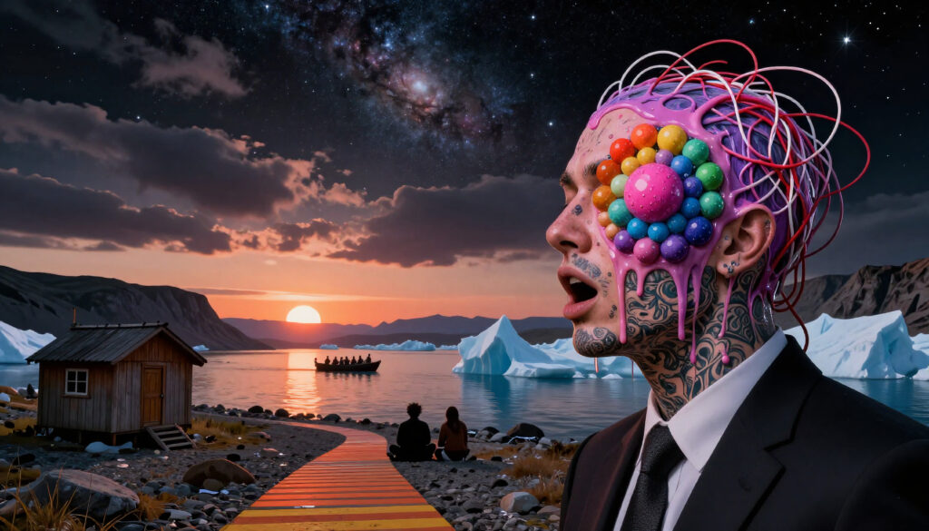Surreal Portrait of Man with Celestial Head and Antarctic Sunset