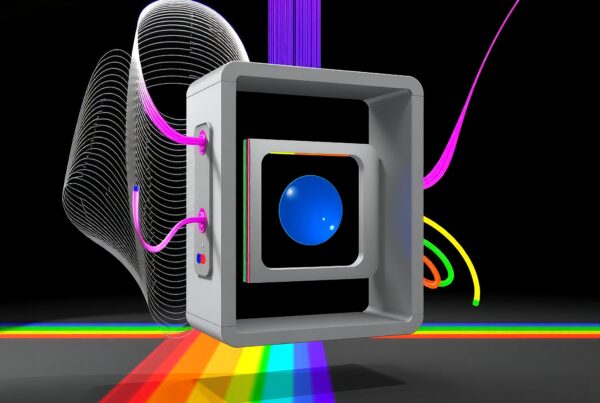 Abstract 3D cube with vibrant rainbow colors and wavy lines.