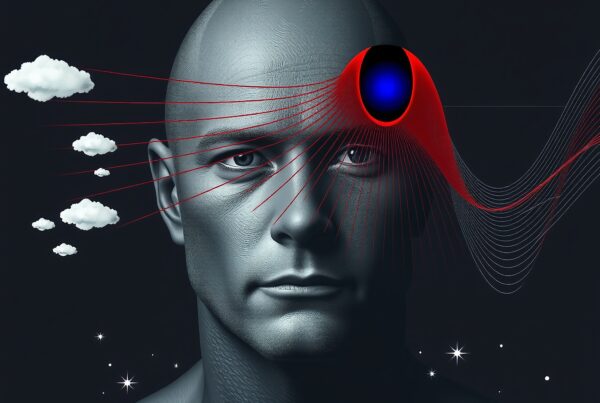 Surreal digital artwork of a bald human face with abstract red and blue elements, featuring clouds and stars in a cosmic, futuristic theme.