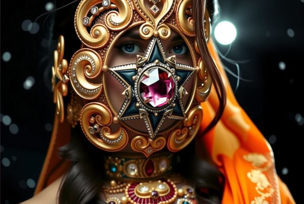 Elaborate mask with jewels and orange fabric, captured in a dreamy, ethereal ambiance.