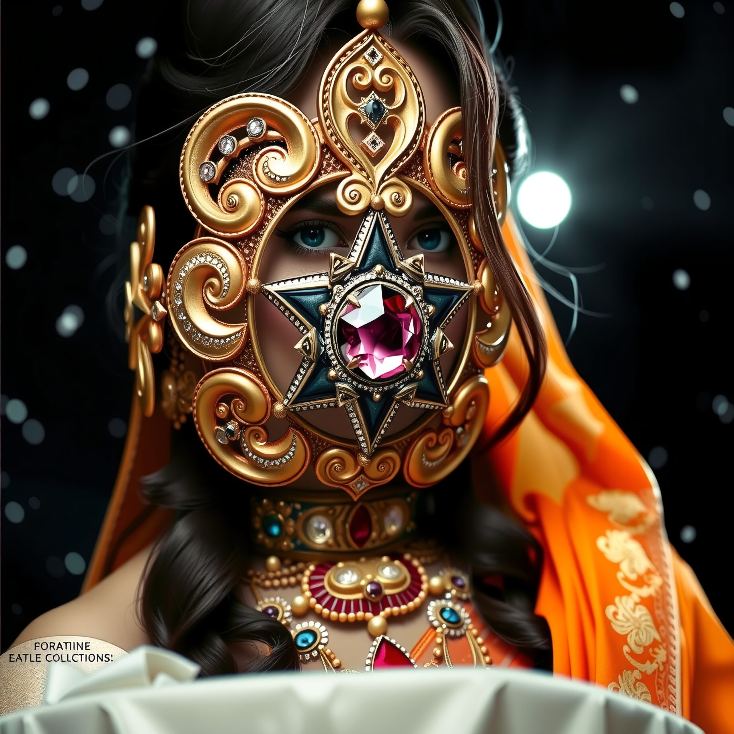 Mystical Jewel-Encrusted Masked Portrait
