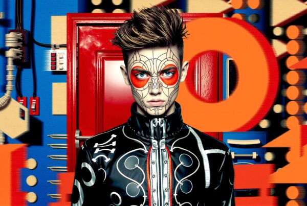 A person with painted geometric face, wearing a unique jacket, stands before a colorful background with red, orange, and blue elements.