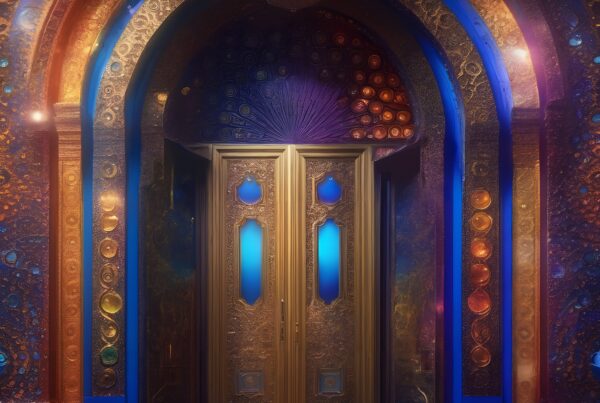 Ornately decorated doorway with vibrant blue and gold carvings in an arched frame.