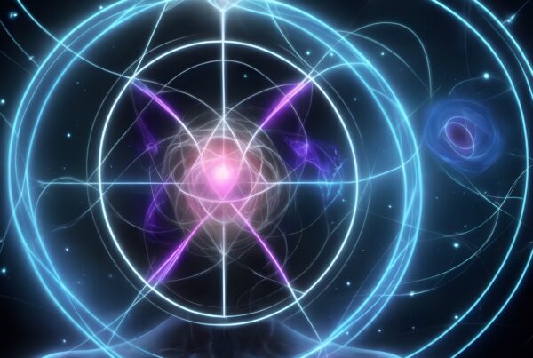 A vibrant, abstract representation of human energy and digital connectivity featuring luminous patterns and glowing lines.