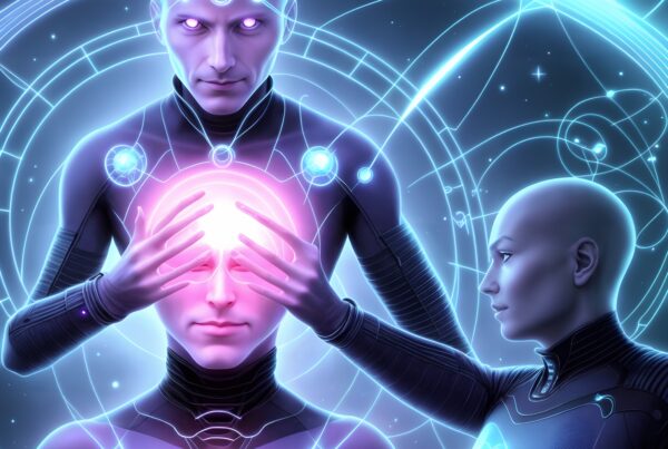 Futuristic scene of psychic energy transfer between three ethereal figures in a cosmic setting.