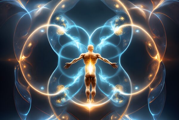 A glowing human surrounded by swirling blue and orange cosmic energy patterns, illustrating the concepts of human potential and cosmic connections.