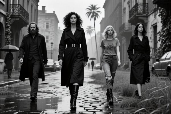 A stylish group walks on a rainy cobblestone street in black and white cityscape.