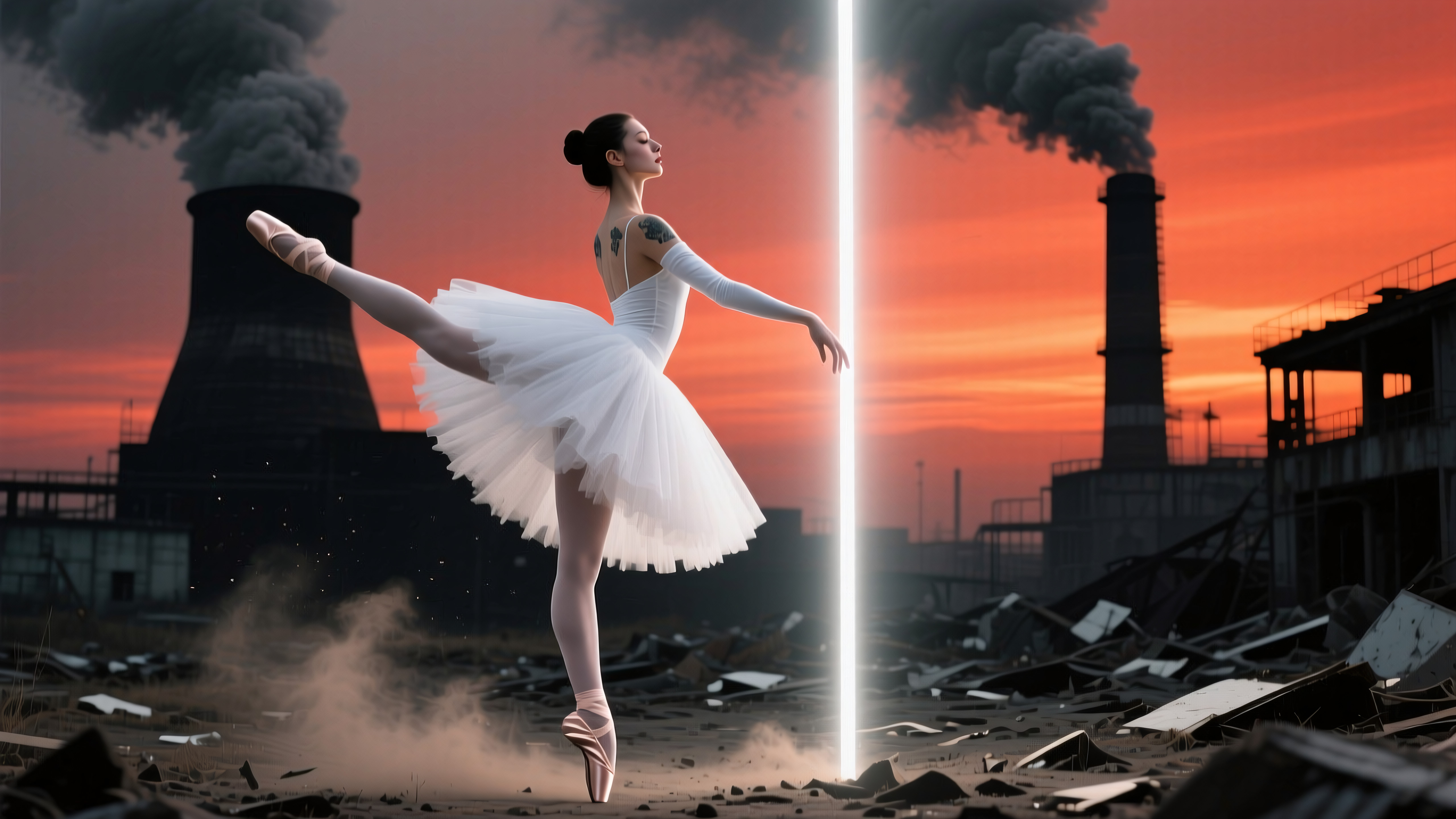 Ballerina Dances Amid Industrial Ruins at Sunset