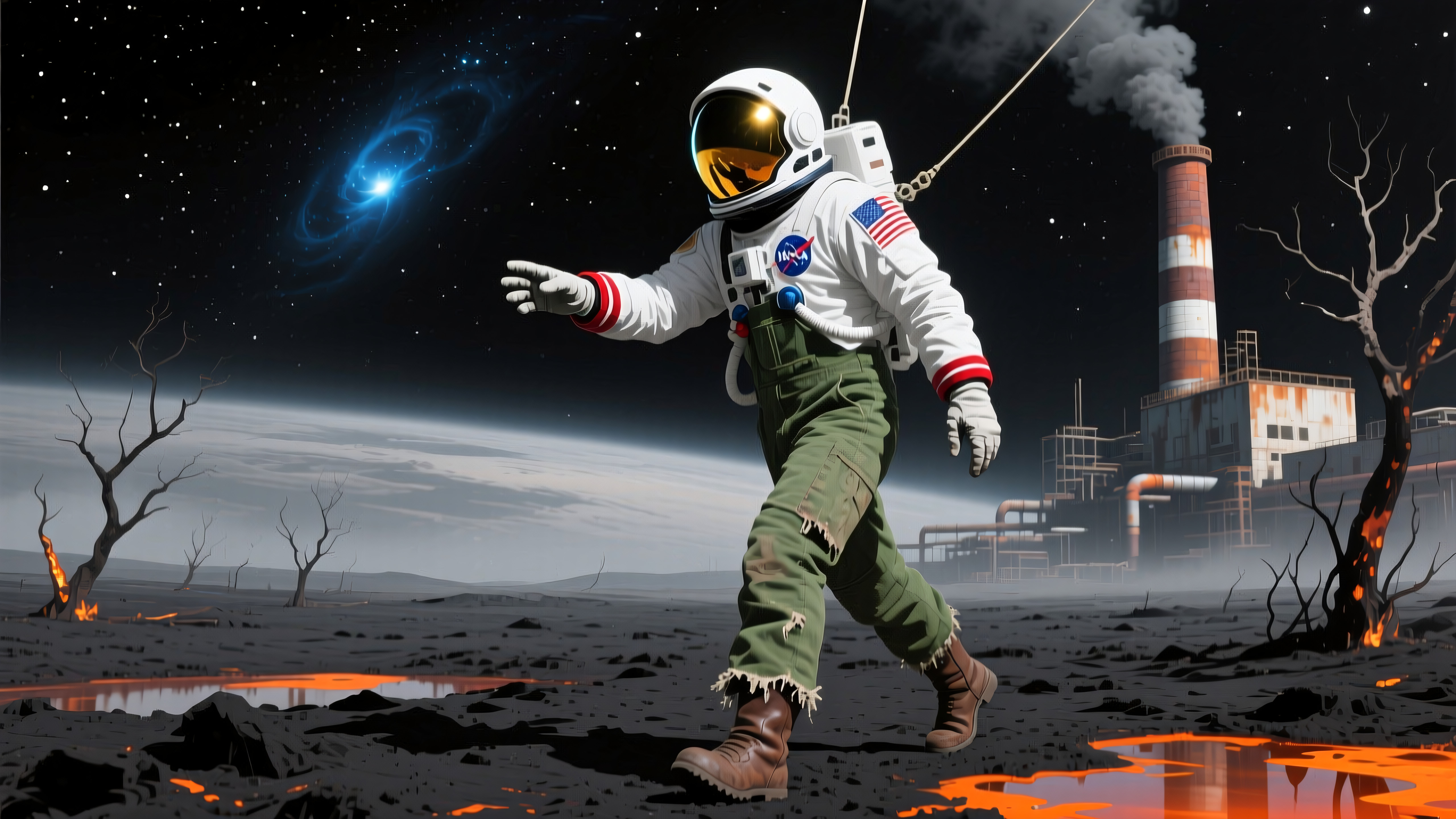 Astronaut exploring industrial wasteland