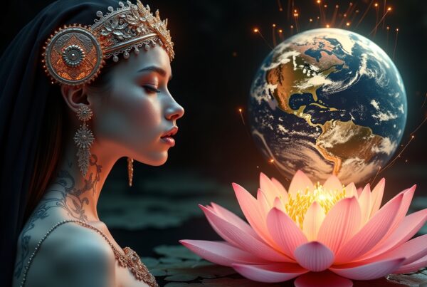 Serene goddess meditating near glowing lotus over Earth in mystical digital artwork