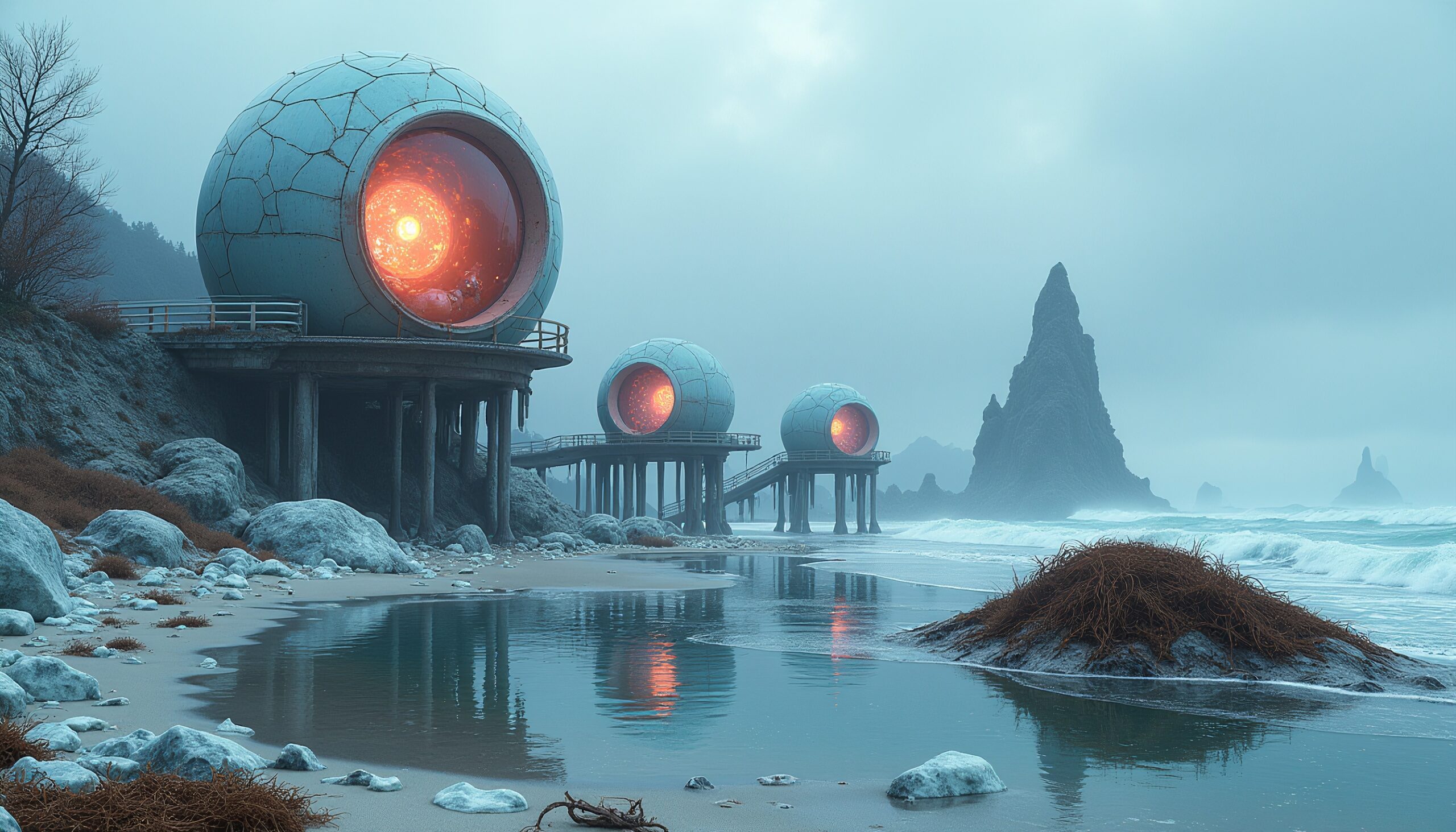 Futuristic beachside orb structures