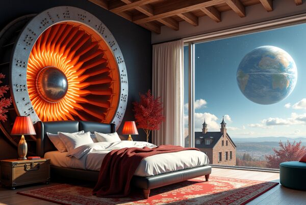 Modern bedroom with futuristic design featuring a glowing turbine sculpture and a view of an enormous planet through a floor-to-ceiling window.