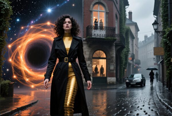 A woman in a futuristic outfit walks down a rainy cobblestone street with a cosmic vortex in the background.