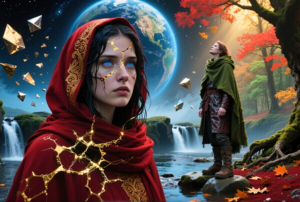 A woman with golden cracks on her face stands in a magical, cosmic forest with floating pyramids and waterfalls.