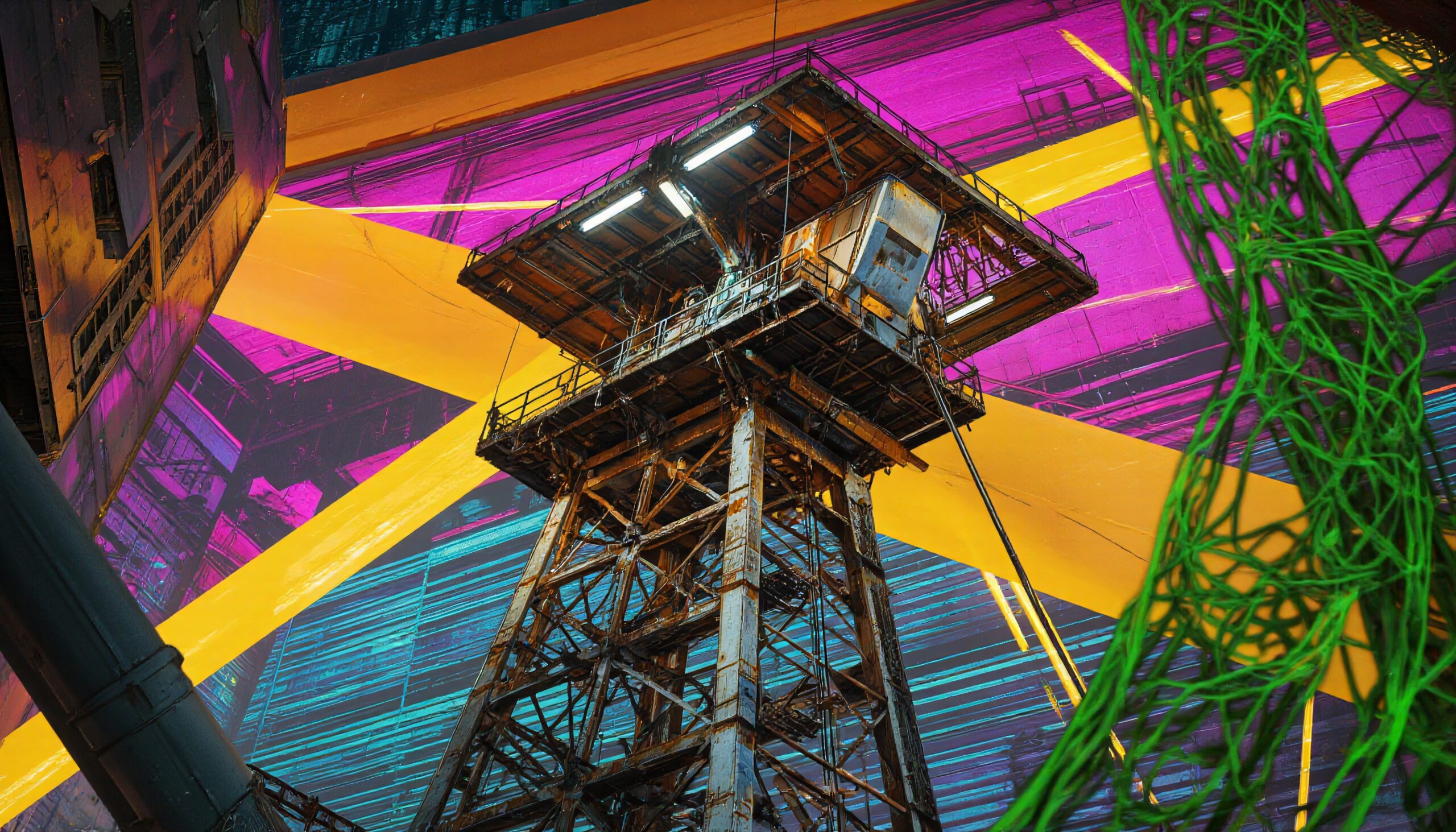 Industrial Tower with Neon Backdrop