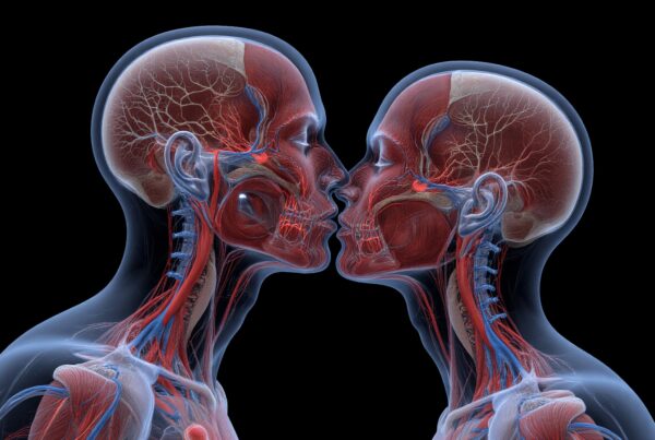 Illustration of two transparent human figures facing each other, showcasing detailed anatomy including muscles, brain, and veins.
