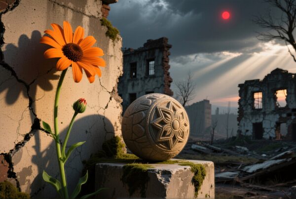 A vibrant flower thrives in a decaying urban landscape.