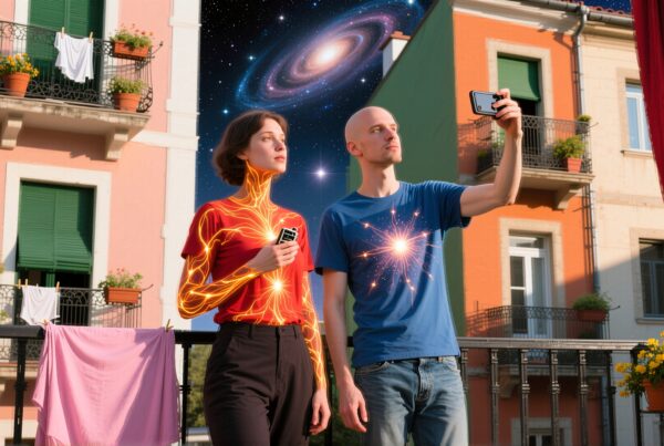 Two people on a balcony with cosmic backgrounds and glowing shirts holding smartphones.