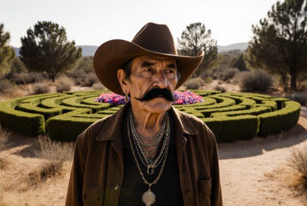 A man wearing a cowboy hat stands in a desert landscape with a hedge labyrinth and pink flowers in the background.