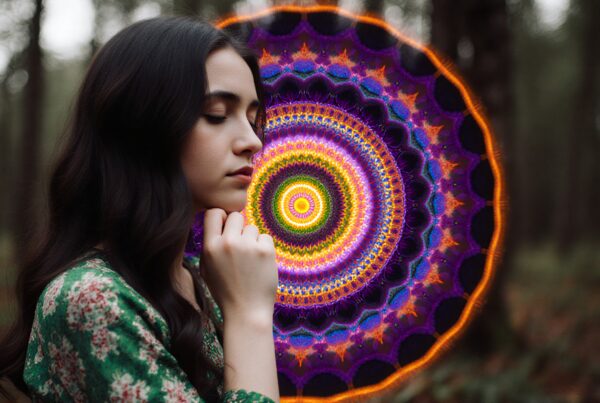 A woman meditates in a forest, enveloped by a vibrant mandala.