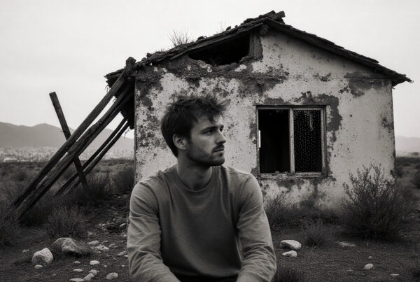 Man sits alone before ruined cabin in grayscale desert wasteland evoking loneliness and lost memories
