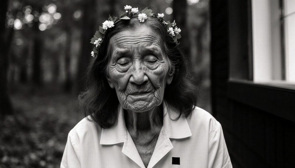 Elderly Woman with Floral Crown in Forest Setting
