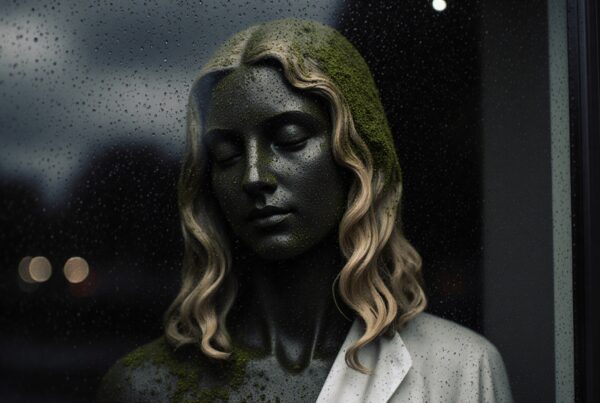 A moss-covered statue with closed eyes seen through a rain-speckled window, creating a serene and mysterious atmosphere.