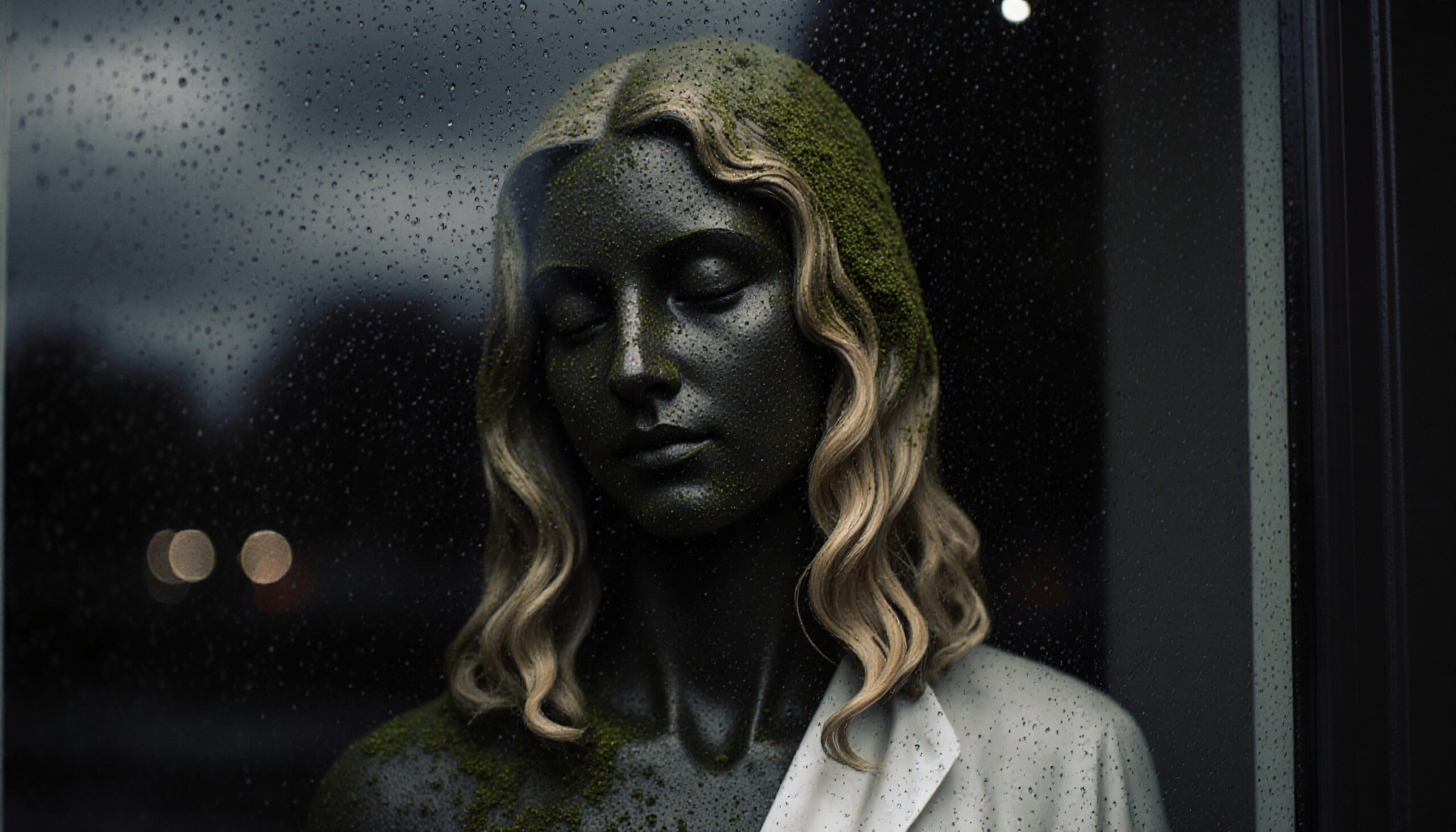 Serene Statue Through Rainy Glass
