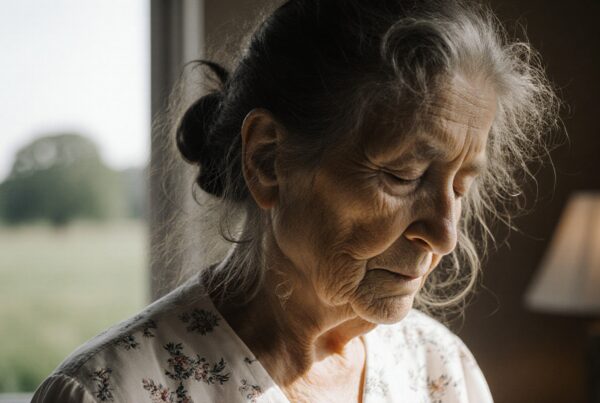 Elderly woman in thoughtful reflection by window.
