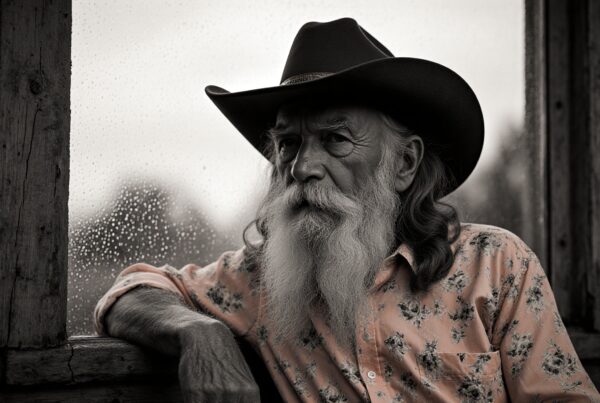 Elderly man wearing cowboy hat looking out a rainy window in an old cabin.