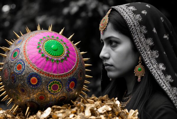 A woman in traditional attire observes an ornate, spiked orb with vivid colors and intricate patterns.