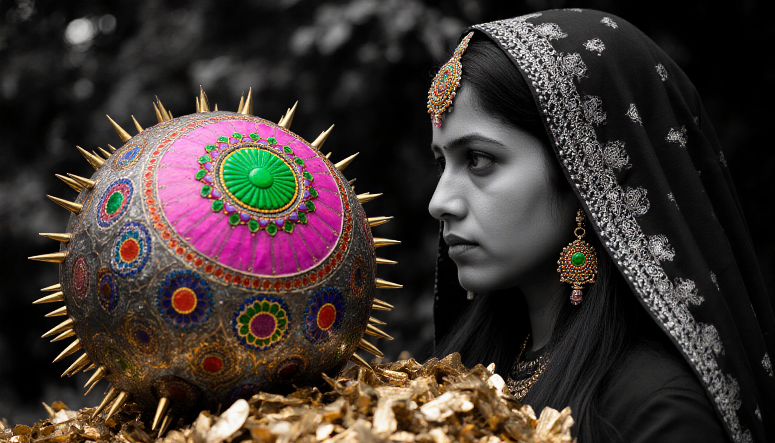 Woman Stares at Spiked Orb