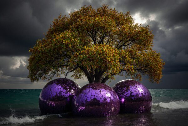Majestic tree with reflective purple spheres against a dramatic, cloudy sky and ocean waves, creating a surreal, dreamlike atmosphere.