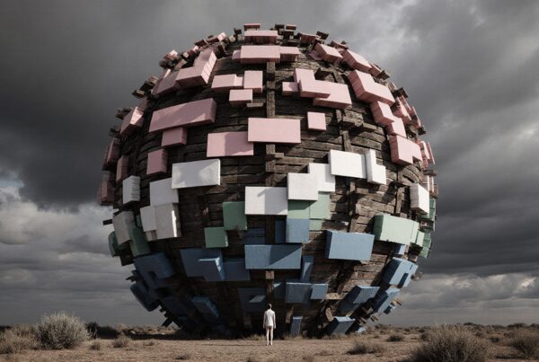 A large sphere made of wooden and colored blocks in a barren desert under a cloudy sky.