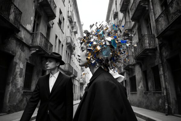 Stylish individuals in monochrome street with artistic colorful headpiece.