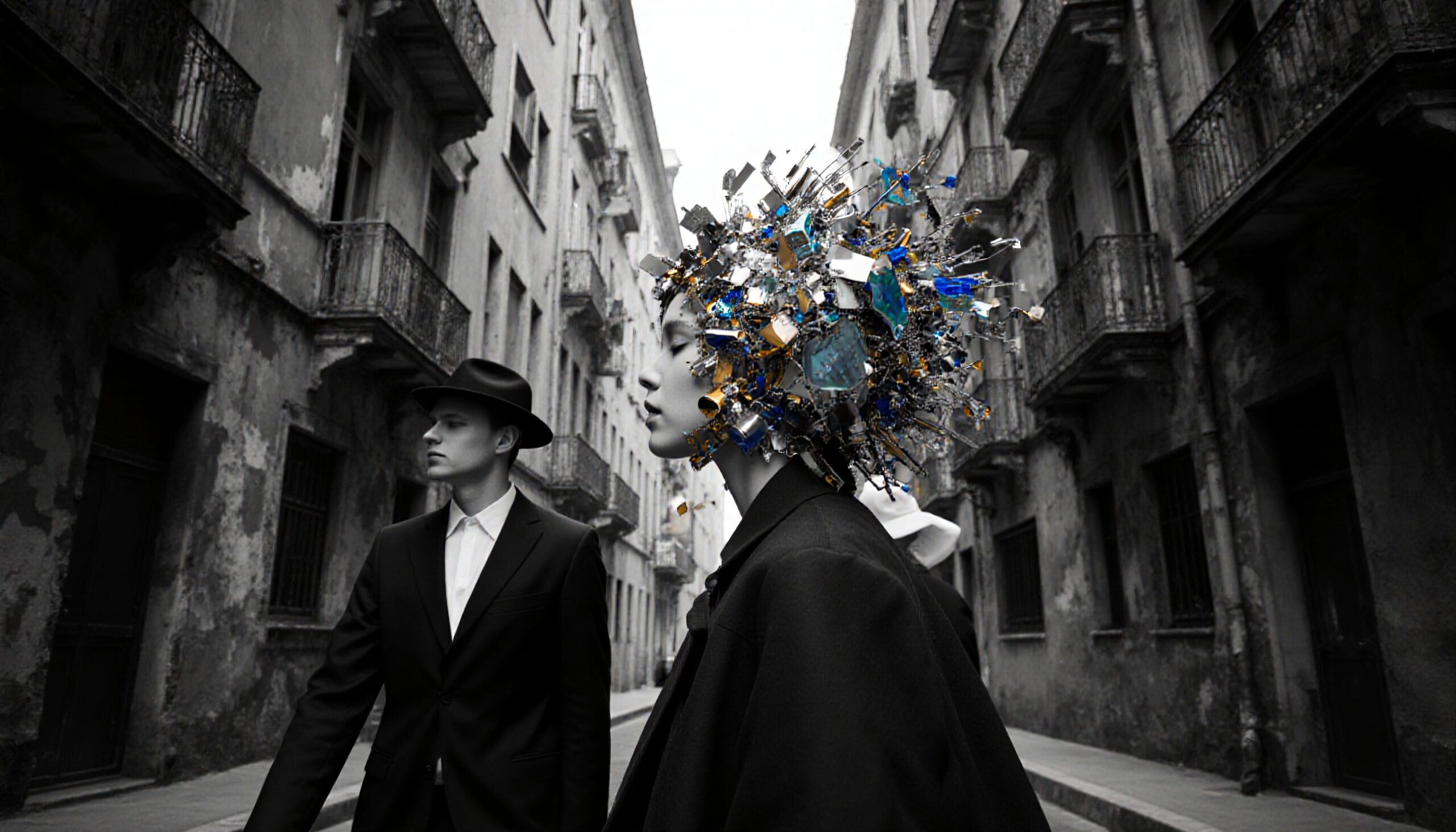 Colorful Headpiece on Monochrome Street