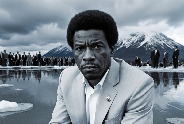 Man in suit with snowy mountain backdrop and reflection.