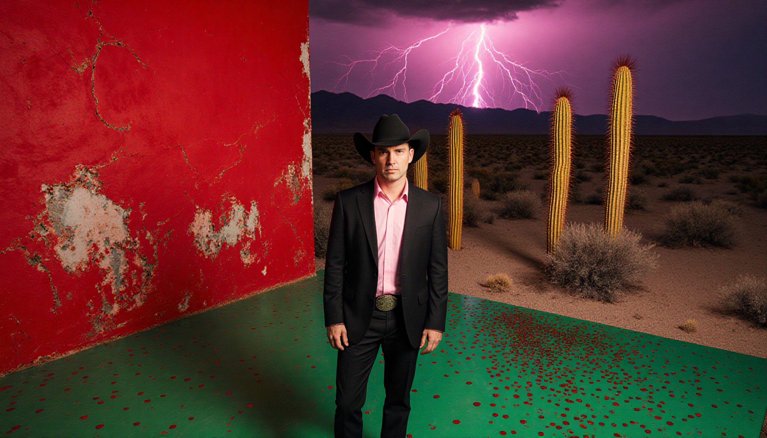 Cowboy in surreal desert landscape
