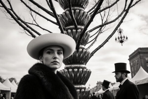 A woman in a hat and men in top hats stand, set against a vintage cityscape and ornate sculpture.