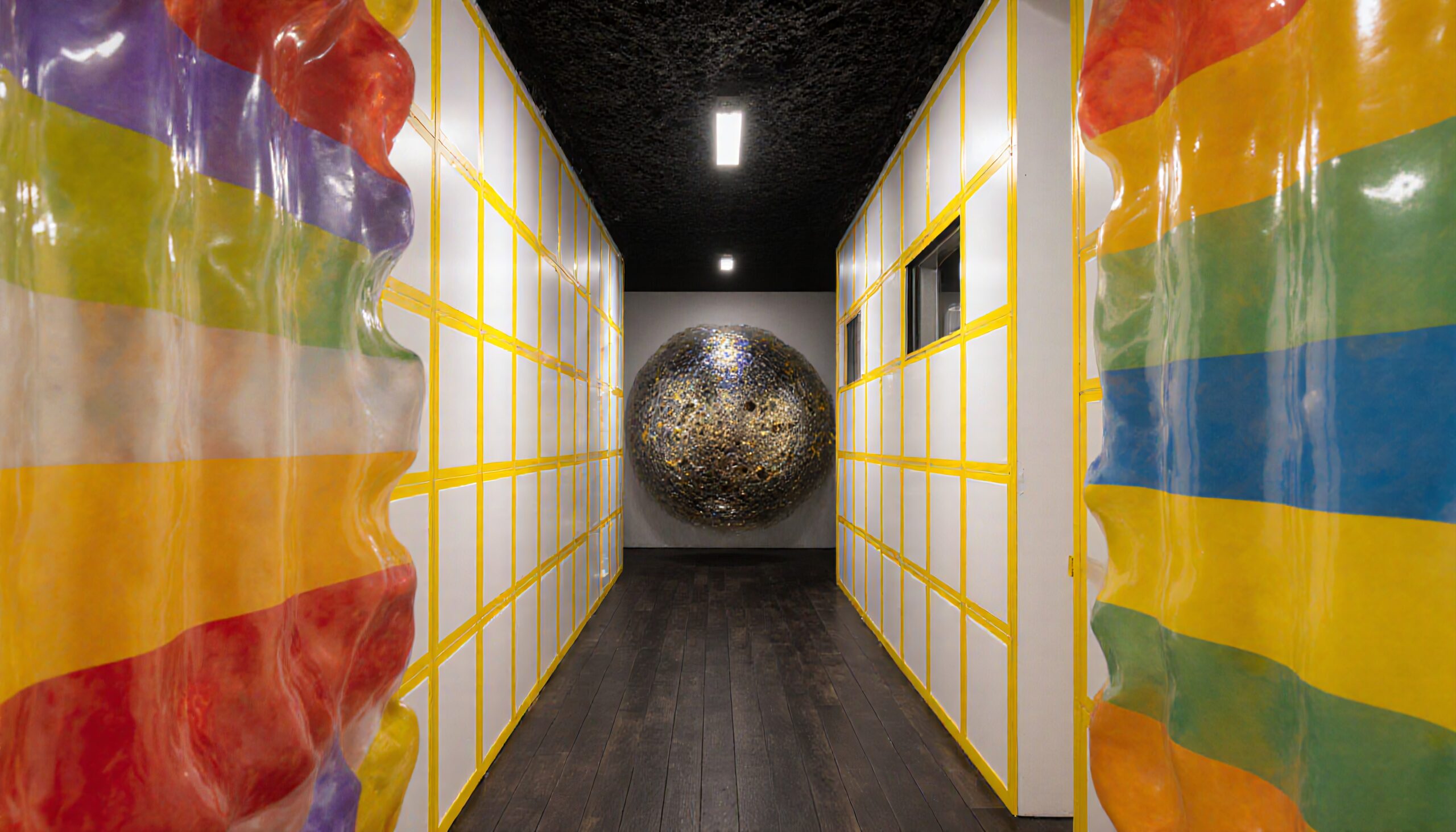 Vibrant corridor with rainbow art