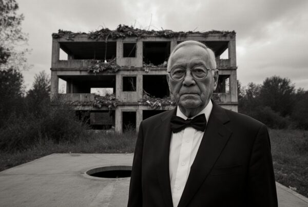 Elderly man in front of deteriorating building; formal attire, overcast sky.